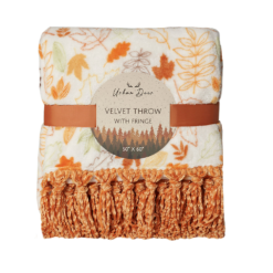 URBAN DEER Leaves velvet 50x 60 throw with Fringe - RK-VELFR-LEA - Blankets & Bedspreads
