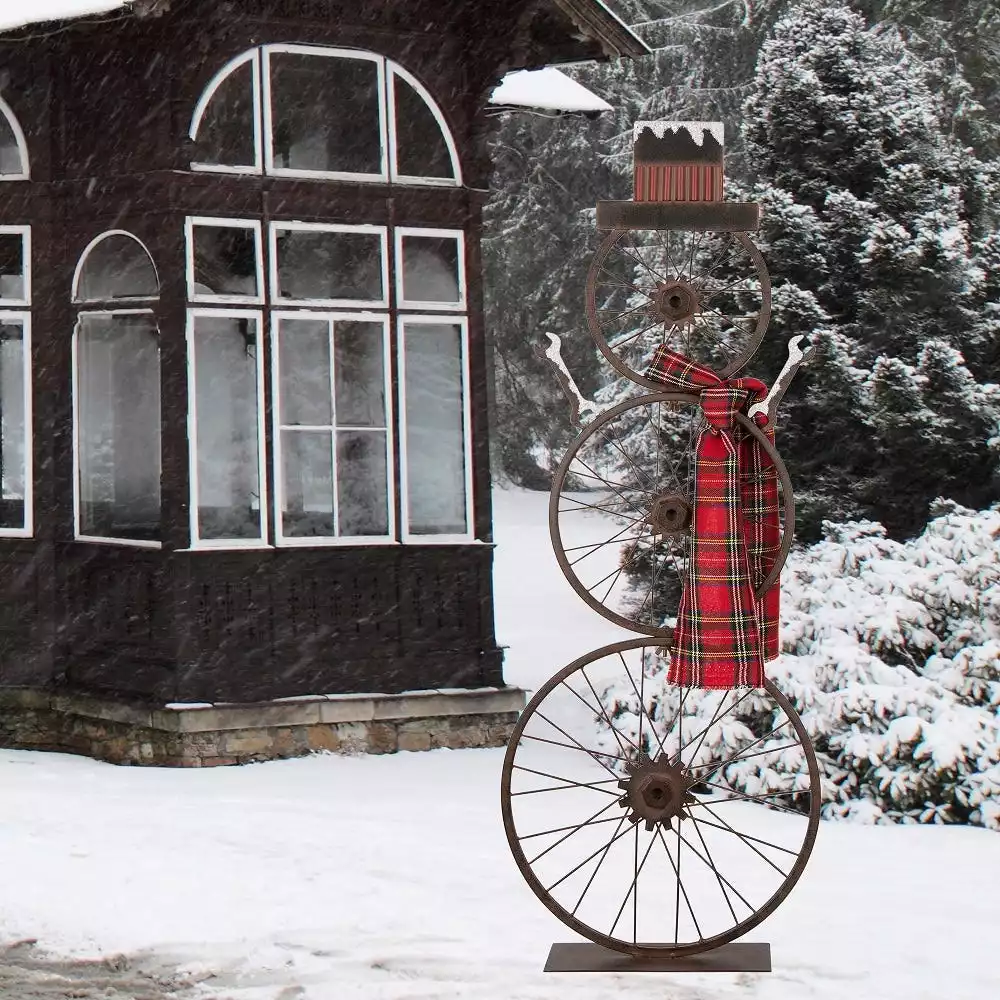 Glitzhome Metal Bike Wheel Snowman with Plaid Scarf Porch Decor - 1103203409 - Porch Seasonal Decor 6 Glitzhome Metal Bike Wheel Snowman with Plaid Scarf Porch Decor - 1103203409 - Porch Seasonal Decor - Image 4