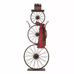 Glitzhome Metal Bike Wheel Snowman with Plaid Scarf Porch Decor - 1103203409 - Porch Seasonal Decor