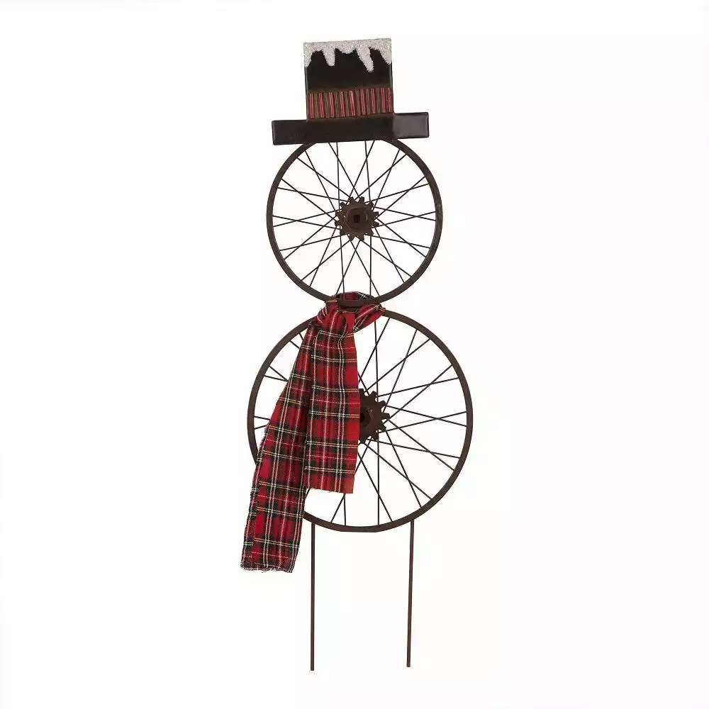 Glitzhome Metal Bike Wheel Snowman with Plaid Scarf Yard Stake or Wall Decor - 1103202625 - Yard Decor 3 Glitzhome Metal Bike Wheel Snowman with Plaid Scarf Yard Stake or Wall Decor - 1103202625 - Yard Decor