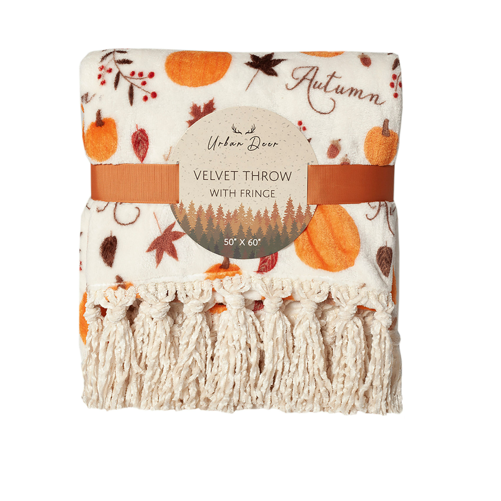 URBAN DEER Pumpkin/Leaves velvet 50 x 60 throw with Fringe - RK-VELFR-PUMP - Blankets & Bedspreads 3 URBAN DEER Pumpkin/Leaves velvet 50 x 60 throw with Fringe - RK-VELFR-PUMP - Blankets & Bedspreads