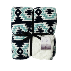 URBAN DEER Blue Aztec Printed Fur Reversible to White Sherpa 50x 60 Throw - RK-FURSH-VAZT - Blankets & Bedspreads
